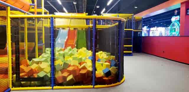 Kids Play Zone at Round1 USA with colorful foam blocks for birthday parties and family fun.