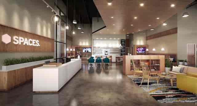 Modern coworking space with stylish seating, ideal for workshops and networking events.