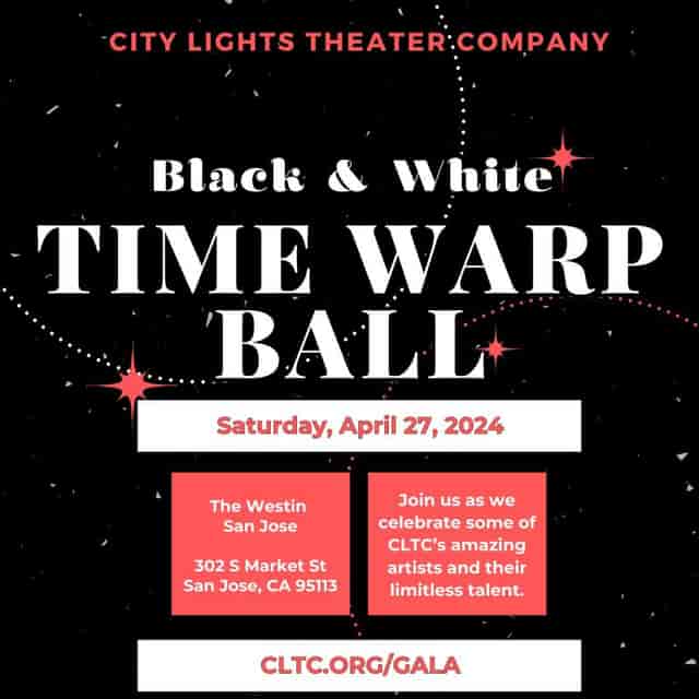 Main Theater flyer for Time Warp Ball, elegant black and white design, networking event.
