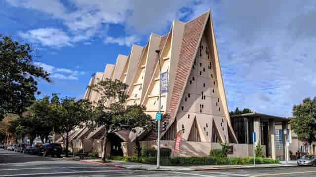 Sanctuary at First Congregational Church Palo Alto, unique triangular venue for events.