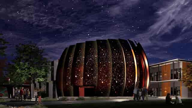 Modern Southwestern College lecture hall under starry sky, perfect for events and gatherings.