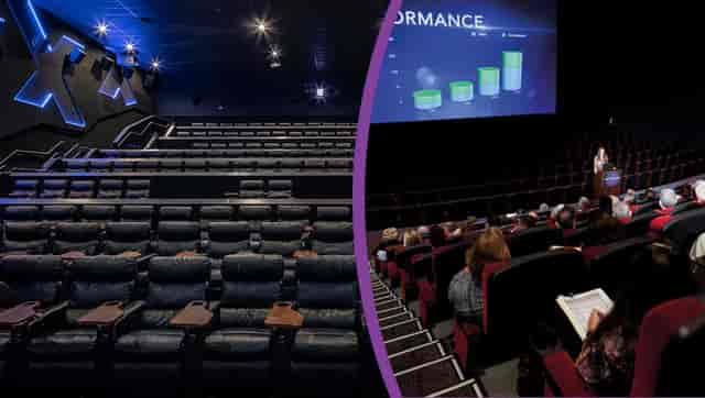 Modern hybrid event theater with comfortable seating and advanced AV setup.