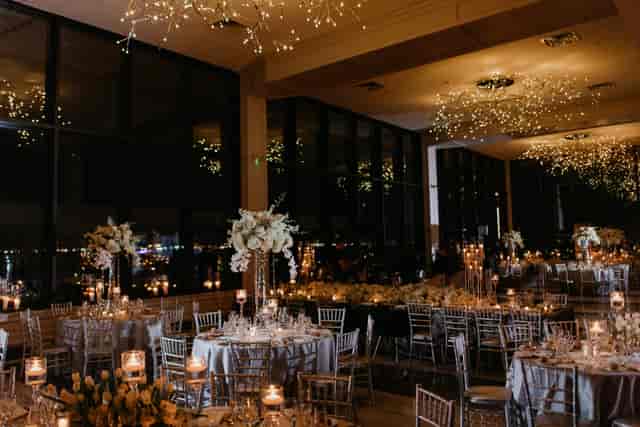Elegant banquet hall at Hudson House with fairy lights, perfect for weddings and galas.