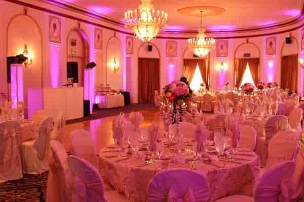 Elegant Crystal Ballroom with chandeliers, perfect for weddings and upscale events.