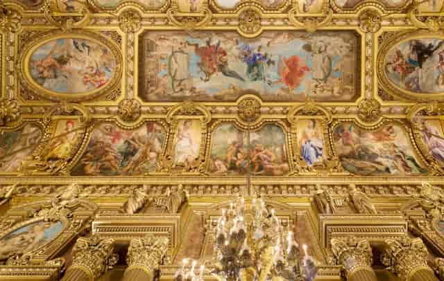 Opulent ceiling frescoes at Palais Garnier, perfect for weddings and galas.