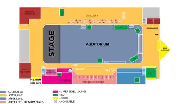 Fillmore Auditorium floor plan highlighting seating, stage, and lounges for events.