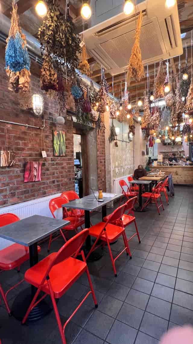 Cozy Pipoca Vegan Bar with vibrant orange chairs, perfect for casual meetings and gatherings.