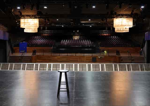 Concert venue in Times Square with polished stage and elegant chandeliers for concerts and events.