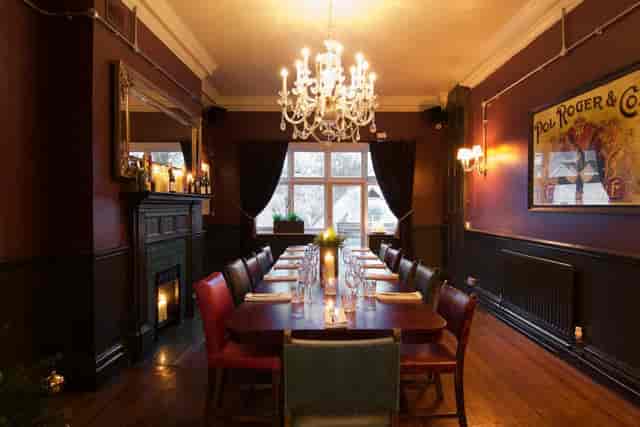 Elegant private dining room with warm lighting for corporate dinners and exclusive events.