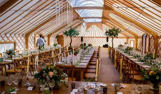 Elegant yurt event space in Thorpe Garden, perfect for weddings and corporate gatherings.