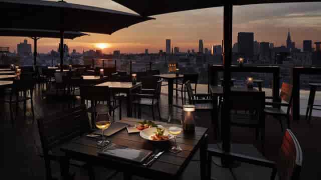 Rooftop dining room at TWO ROOMS NIHOMBASHI, perfect for evening events and gatherings.