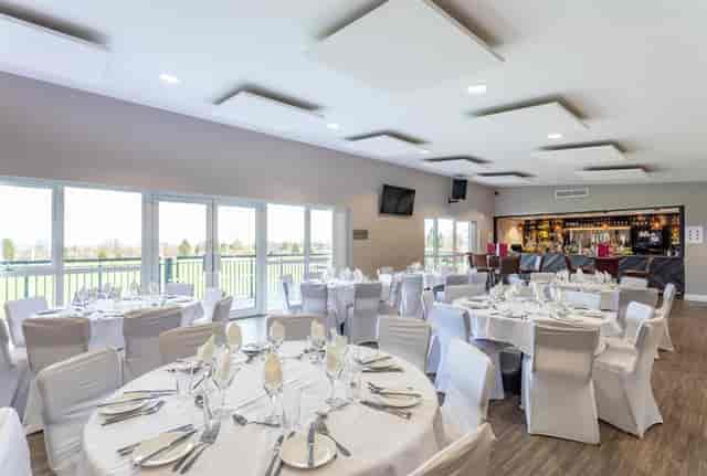Avery Fields banquet suite with floor-to-ceiling views, perfect for weddings and corporate events.