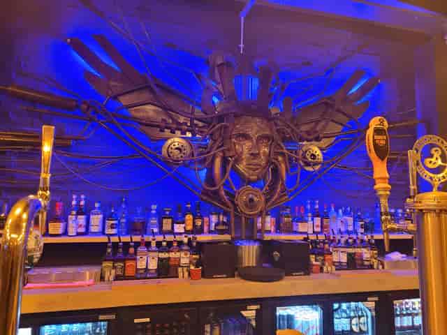 Steampunk bar in Devil's Dog beer garden, ideal for themed events and gatherings.