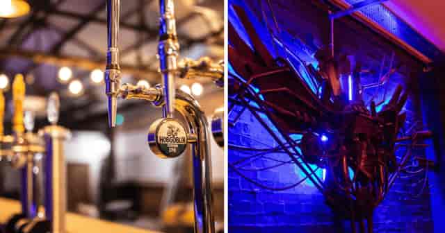 Stylish beer garden bar with sleek taps and vibrant blue lighting for modern events.
