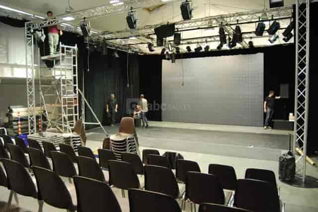 Stage setup at Salle de spectacles, Maison des Métallos for an upcoming event.