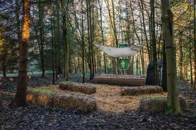 Woodland stage with hay bale seating for outdoor creative events in a forest setting.