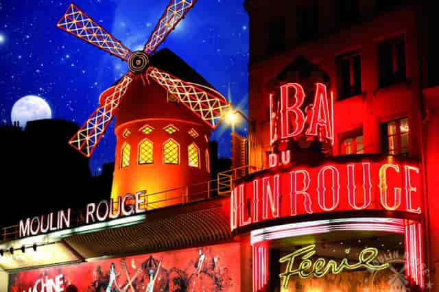 Moulin Rouge's red facade, ideal for themed events and corporate gatherings.