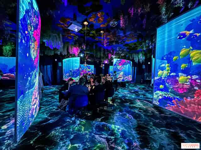 Vibrant restaurant with digital underwater projections for events at Aquarium de Paris.