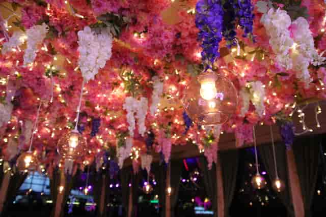 Mary & Me Champagne Bar ceiling with vibrant flowers, ideal for weddings and gala dinners.