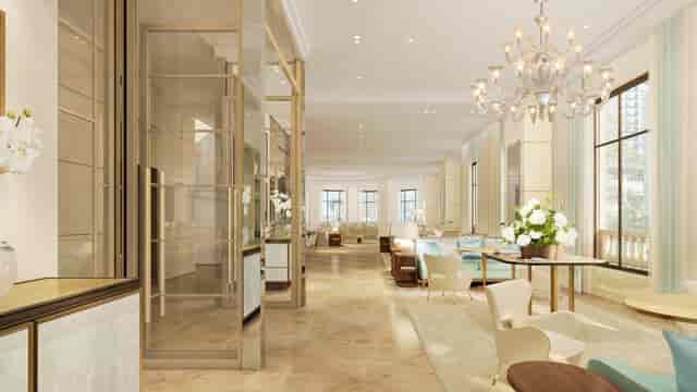Elegant meeting room with chandelier, perfect for corporate events and receptions.