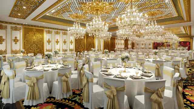 Grand Ballroom at Hotel Alexandra, elegant chandeliers, perfect for weddings and galas.