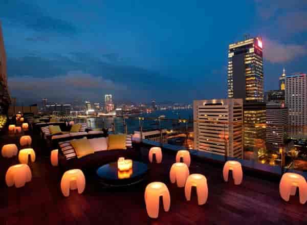 Rooftop terrace in aqua Hong Kong with city skyline, perfect for evening events and receptions.
