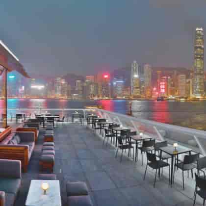 Outdoor terrace at Aqua Hong Kong with skyline view, ideal for upscale events and receptions.