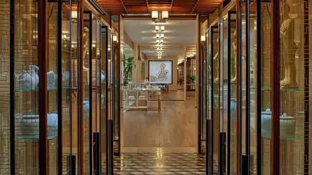 Sophisticated event space corridor in Rosewood Hong Kong, ideal for networking and gatherings.