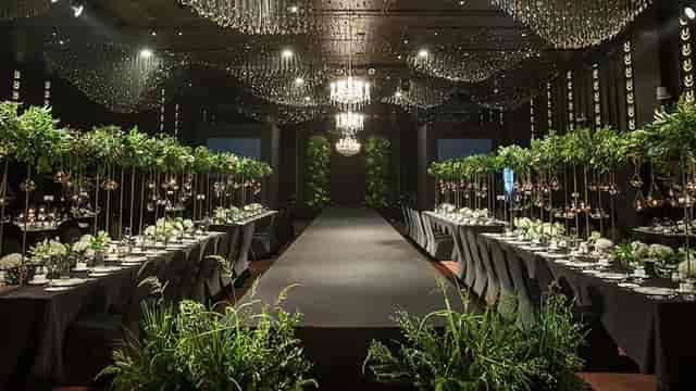 Elegant long table setup in Crystal Ballroom, perfect for upscale events and gatherings.