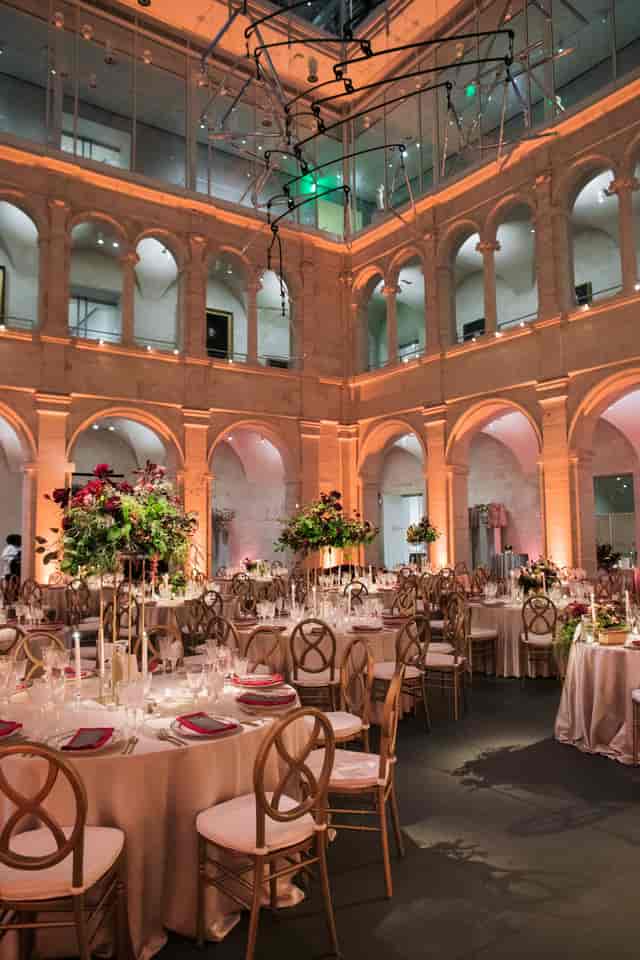 Calderwood Courtyard at Harvard Art Museums, elegant tables for upscale weddings and events.