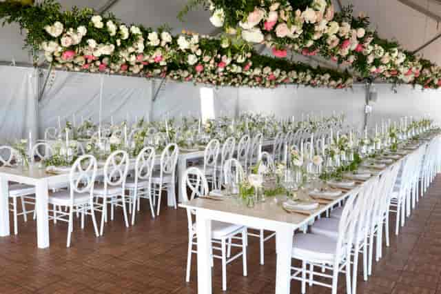 Elegant Washburn Pavilion event space with floral decor, perfect for weddings and corporate events.