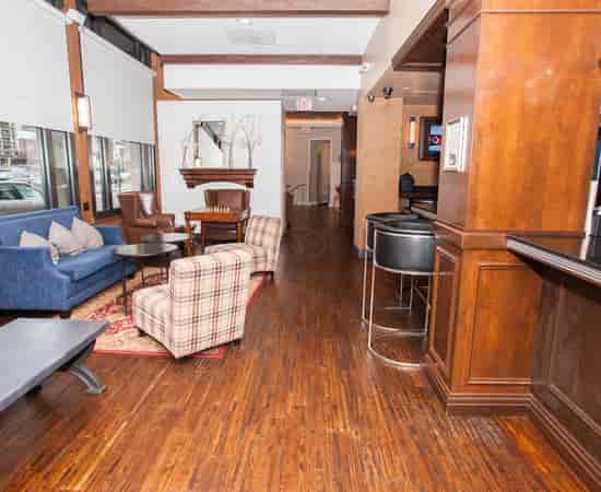 Stylish lounge area in The Boxer Hotel, ideal for networking events and meetings.
