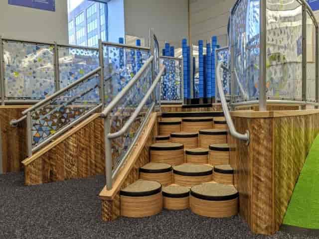 Vibrant multi-level Play Space at Boston Children's Museum for creative workshops.