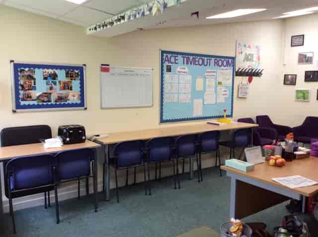 Classroom at ACE Language School, featuring a long table for workshops and discussions.