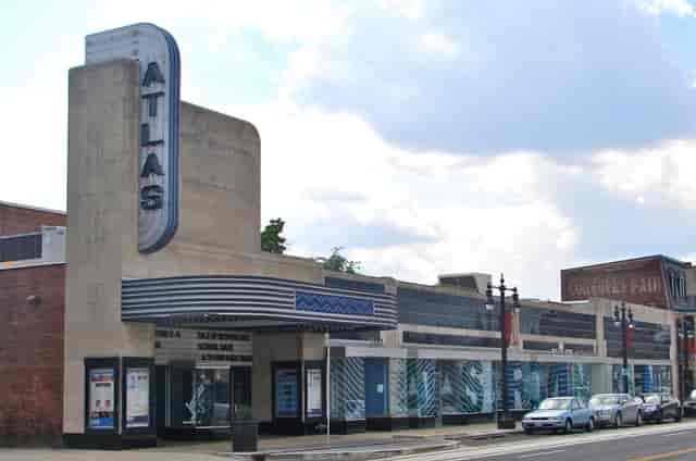 Atlas Performing Arts Center theater with vintage marquee, ideal for events and meetings.