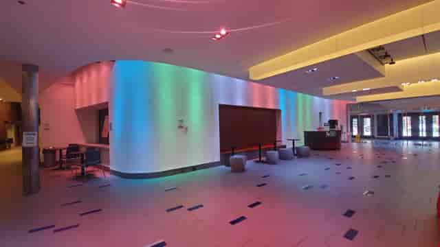 Great Hall at Atlas Performing Arts Center with vibrant lighting for events and gatherings.