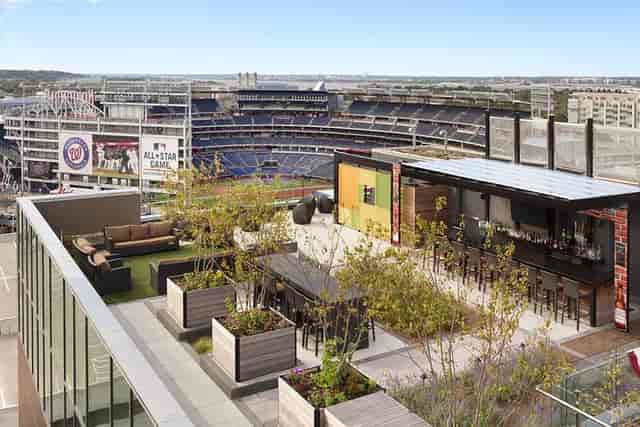 Rooftop Terrace at Mission Navy Yard with modern seating, ideal for events and gatherings.