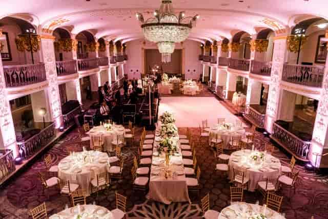 Elegant Grand Ballroom Pre-Function with chandeliers, ideal for weddings and formal events.