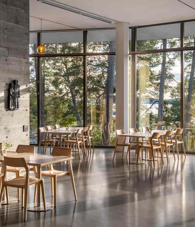 Artipelag Restaurant: modern event space with large windows, perfect for workshops and gatherings.