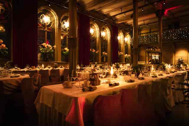 Elegant banquet hall with floral decor, ideal for corporate events and galas.