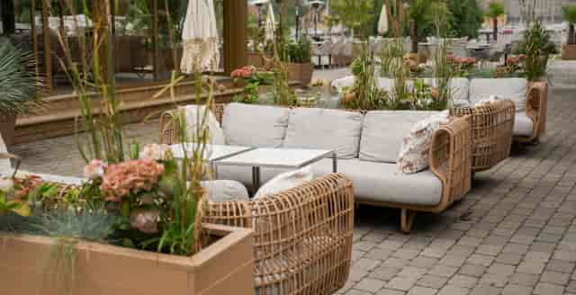 Stylish outdoor lounge at Josefina Stockholm for casual gatherings and networking events.