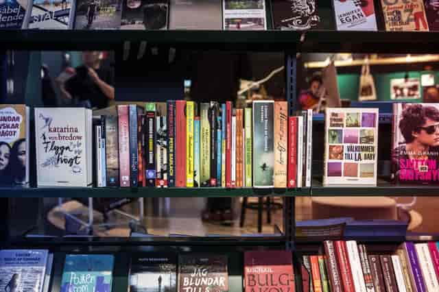 Cozy bookshelf in Kulturhuset Stadsteatern for literary events and book launches.