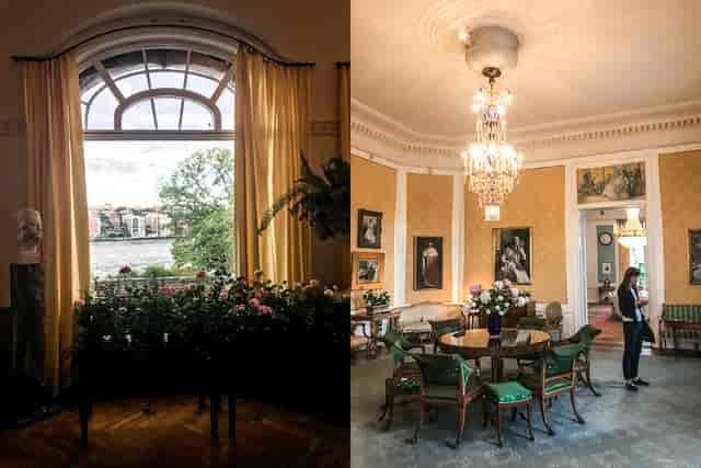 Elegant event space at Matsalen, Waldemarsudde with large windows and lush greenery.