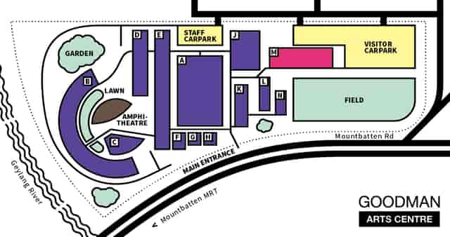 Map layout of Goodman Arts Centre for events, featuring amphitheater and garden.