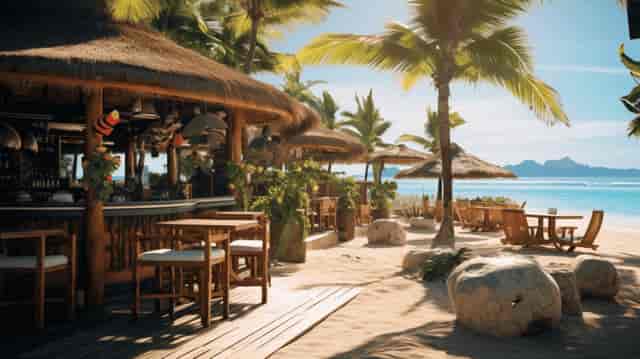 Bar at Ola Beach Club, rustic design, ideal for tropical events and gatherings.