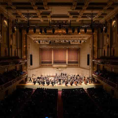 Boston Conservatory Theater concert hall set for orchestra performance, ideal for gala events.