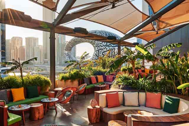 Vibrant outdoor restaurant venue in Museum of the Future for events and gatherings.