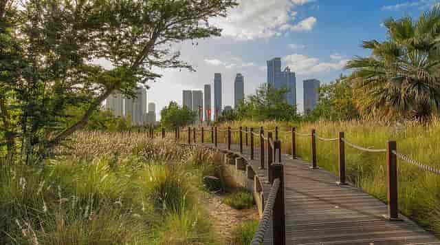 Serene pathway in Butterfly House, Al Noor Island, ideal for outdoor events and gatherings.