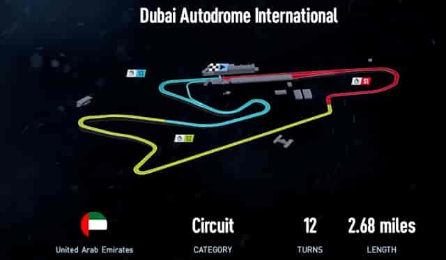 Dubai Autodrome International Circuit layout, 2.68 miles, ideal for motorsport events and gatherings.