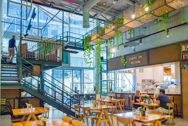 Modern café with open layout, ideal for networking events and team lunches.